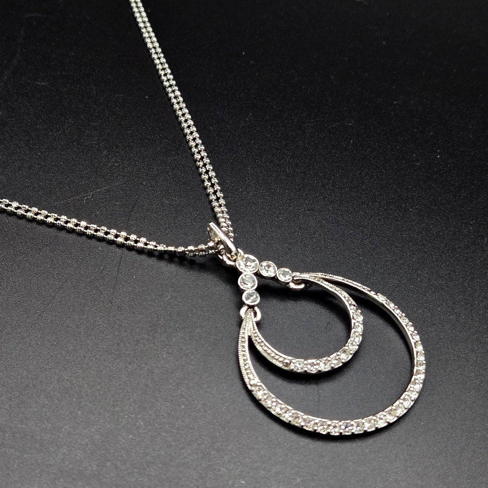 Monet Pendant Necklace Silver Tone Crystal Double Open Teardrop Crystal Accents